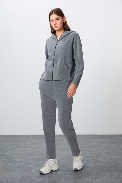 Grey Melange Thick Soft Textured Hooded Oversize Embroidered Fleece Women's Tracksuit Set -95338