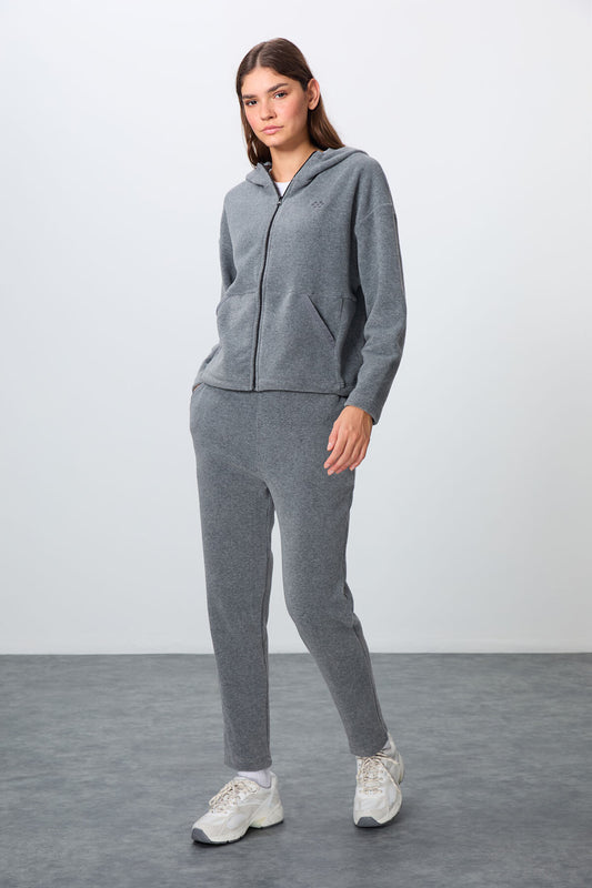 Grey Melange Thick Soft Textured Hooded Oversize Embroidered Fleece Women's Tracksuit Set -95338