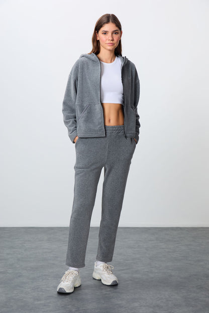 Grey Melange Thick Soft Textured Hooded Oversize Embroidered Fleece Women's Tracksuit Set -95338