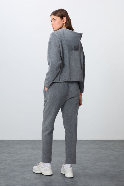 Grey Melange Thick Soft Textured Hooded Oversize Embroidered Fleece Women's Tracksuit Set -95338