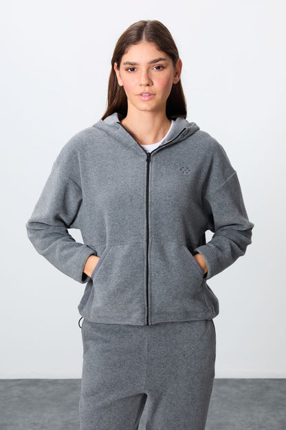 Grey Melange Thick Soft Textured Hooded Oversize Embroidered Fleece Women's Tracksuit Set -95338