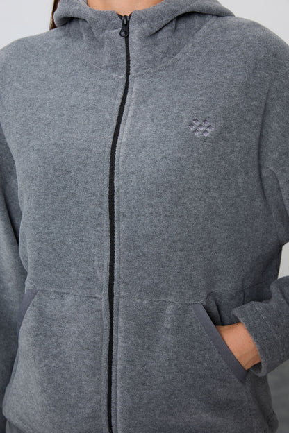 Grey Melange Thick Soft Textured Hooded Oversize Embroidered Fleece Women's Tracksuit Set -95338