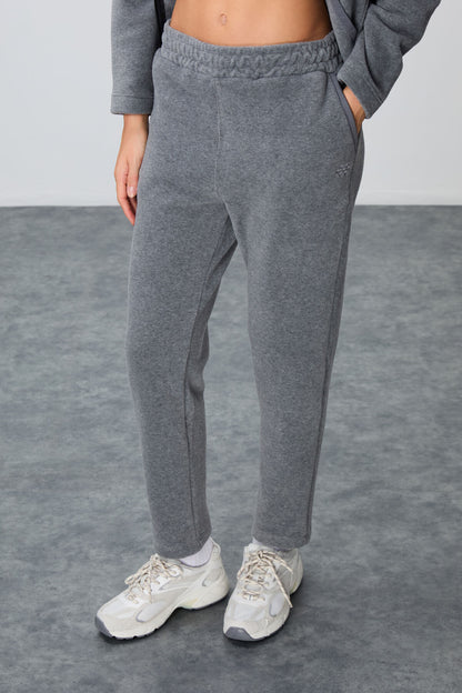 Grey Melange Thick Soft Textured Hooded Oversize Embroidered Fleece Women's Tracksuit Set -95338