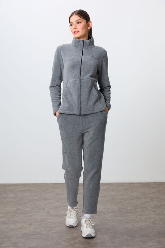 Grey Melange Thick Soft Textured High Collar Oversize Embroidered Fleece Women's Tracksuit Set -95339
