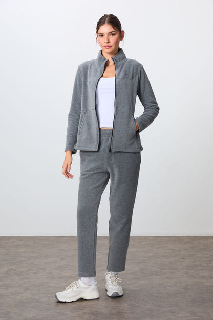 Grey Melange Thick Soft Textured High Collar Oversize Embroidered Fleece Women's Tracksuit Set -95339