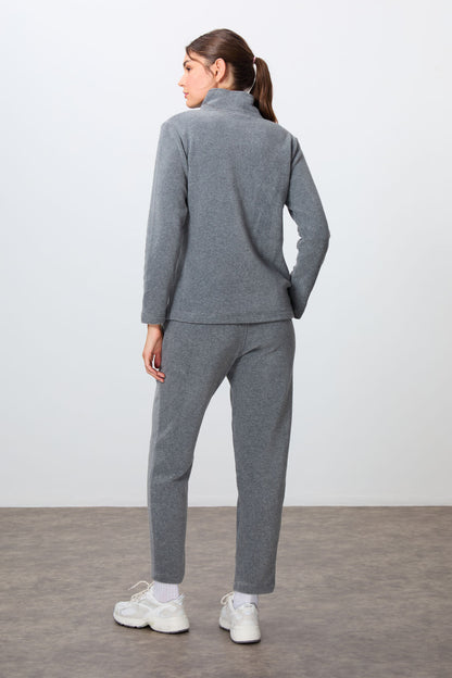 Grey Melange Thick Soft Textured High Collar Oversize Embroidered Fleece Women's Tracksuit Set -95339