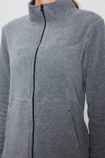 Grey Melange Thick Soft Textured High Collar Oversize Embroidered Fleece Women's Tracksuit Set -95339