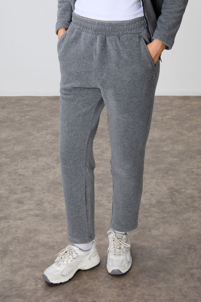 Grey Melange Thick Soft Textured High Collar Oversize Embroidered Fleece Women's Tracksuit Set -95339