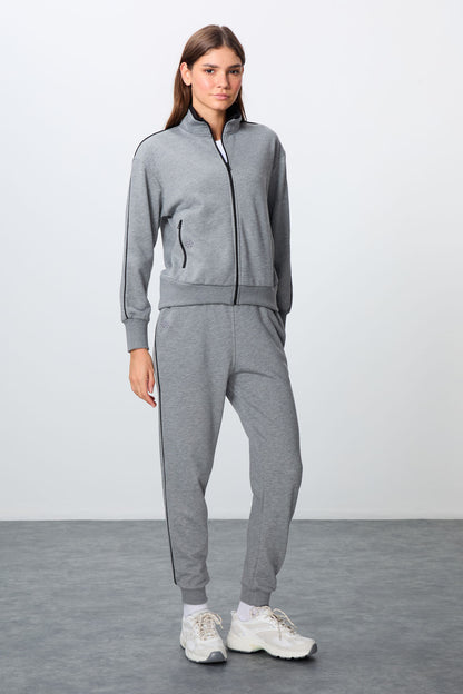 Grey Melange Compact Cotton Thick Smooth Textured Stand Collar Oversize Fit Women's Tracksuit Set - 95340