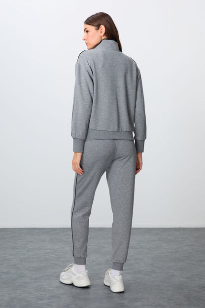 Grey Melange Compact Cotton Thick Smooth Textured Stand Collar Oversize Fit Women's Tracksuit Set - 95340