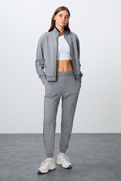 Grey Melange Compact Cotton Thick Smooth Textured Stand Collar Oversize Fit Women's Tracksuit Set - 95340
