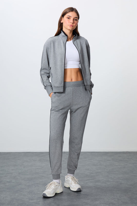 Grey Melange Compact Cotton Thick Smooth Textured Stand Collar Oversize Fit Women's Tracksuit Set - 95340