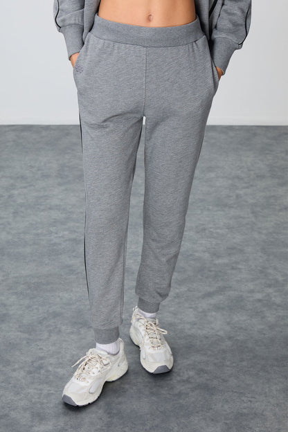 Grey Melange Compact Cotton Thick Smooth Textured Stand Collar Oversize Fit Women's Tracksuit Set - 95340