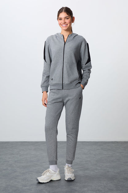 Grey Melange Compact Cotton Thick Smooth Textured Hooded Oversize Fit Women's Tracksuit Set - 95343