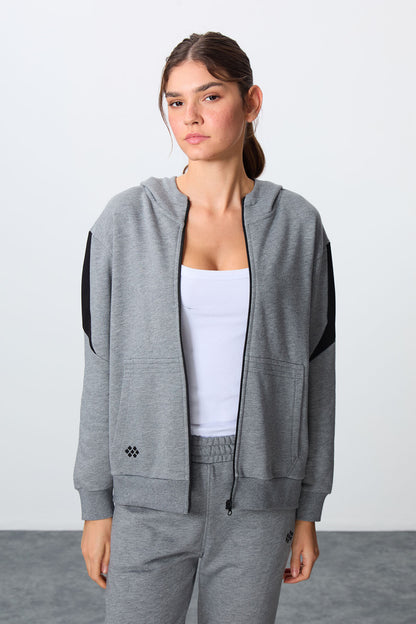 Grey Melange Compact Cotton Thick Smooth Textured Hooded Oversize Fit Women's Tracksuit Set - 95343