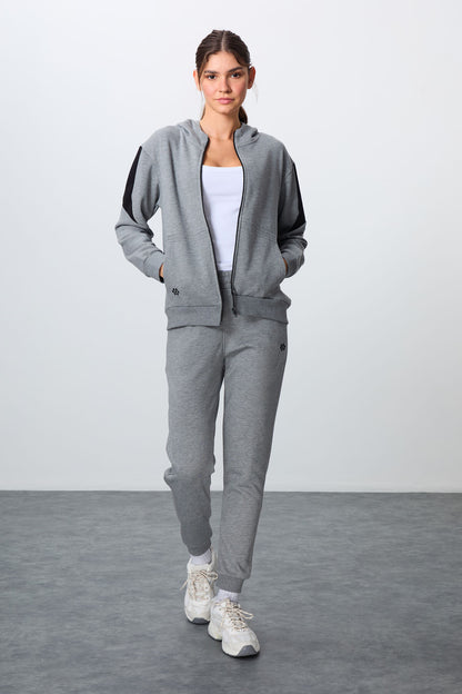 Grey Melange Compact Cotton Thick Smooth Textured Hooded Oversize Fit Women's Tracksuit Set - 95343