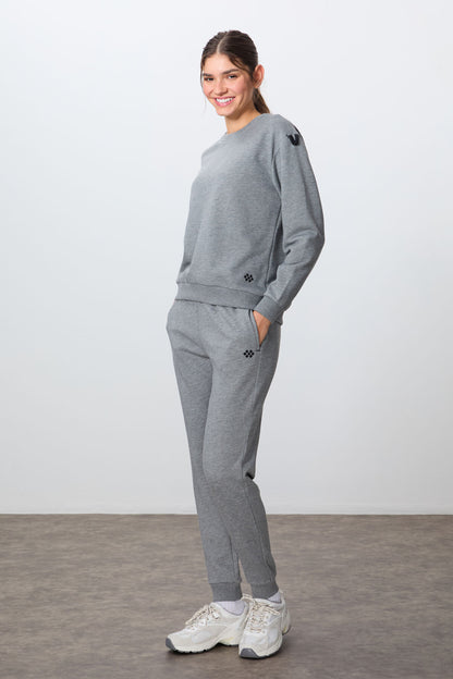 Grey Melange Compact Cotton Thick Smooth Textured O Collar Oversize Fit Women's Tracksuit Set - 95341