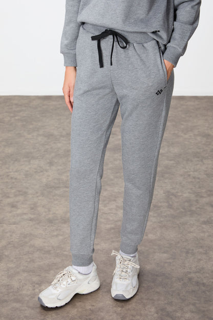 Grey Melange Compact Cotton Thick Smooth Textured O Collar Oversize Fit Women's Tracksuit Set - 95341