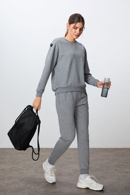 Grey Melange Compact Cotton Thick Smooth Textured O Collar Oversize Fit Women's Tracksuit Set - 95341