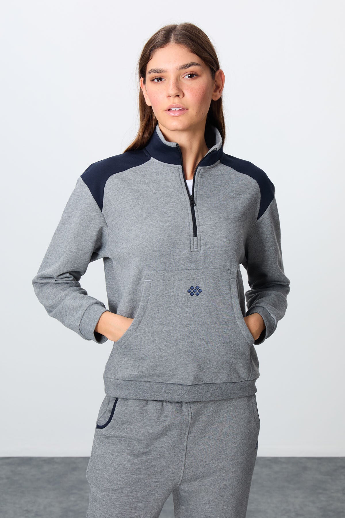 Grey Melange Compact Cotton Thick Smooth Textured Stand Collar Oversize Fit Women's Tracksuit Set - 95342