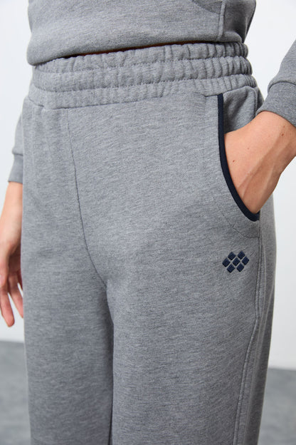 Grey Melange Compact Cotton Thick Smooth Textured Stand Collar Oversize Fit Women's Tracksuit Set - 95342