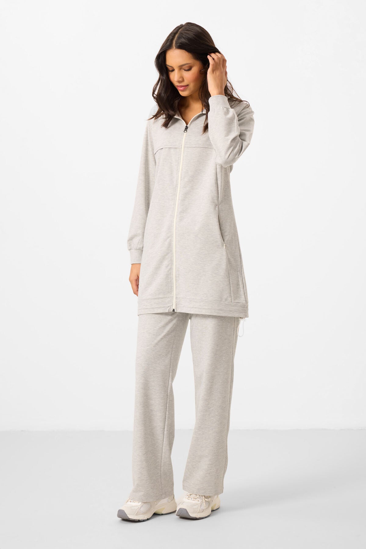 Grey Melange High Neck Zippered Cotton Women's Tracksuit Tunic Set - 95346