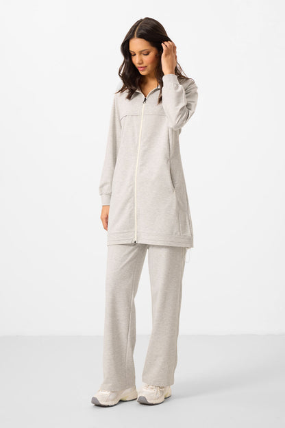 Grey Melange High Neck Zippered Cotton Women's Tracksuit Tunic Set - 95346