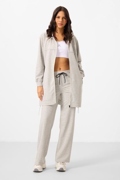 Grey Melange High Neck Zippered Cotton Women's Tracksuit Tunic Set - 95346