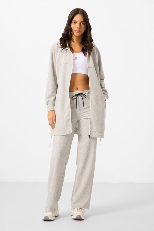 Grey Melange High Neck Zippered Cotton Women's Tracksuit Tunic Set - 95346