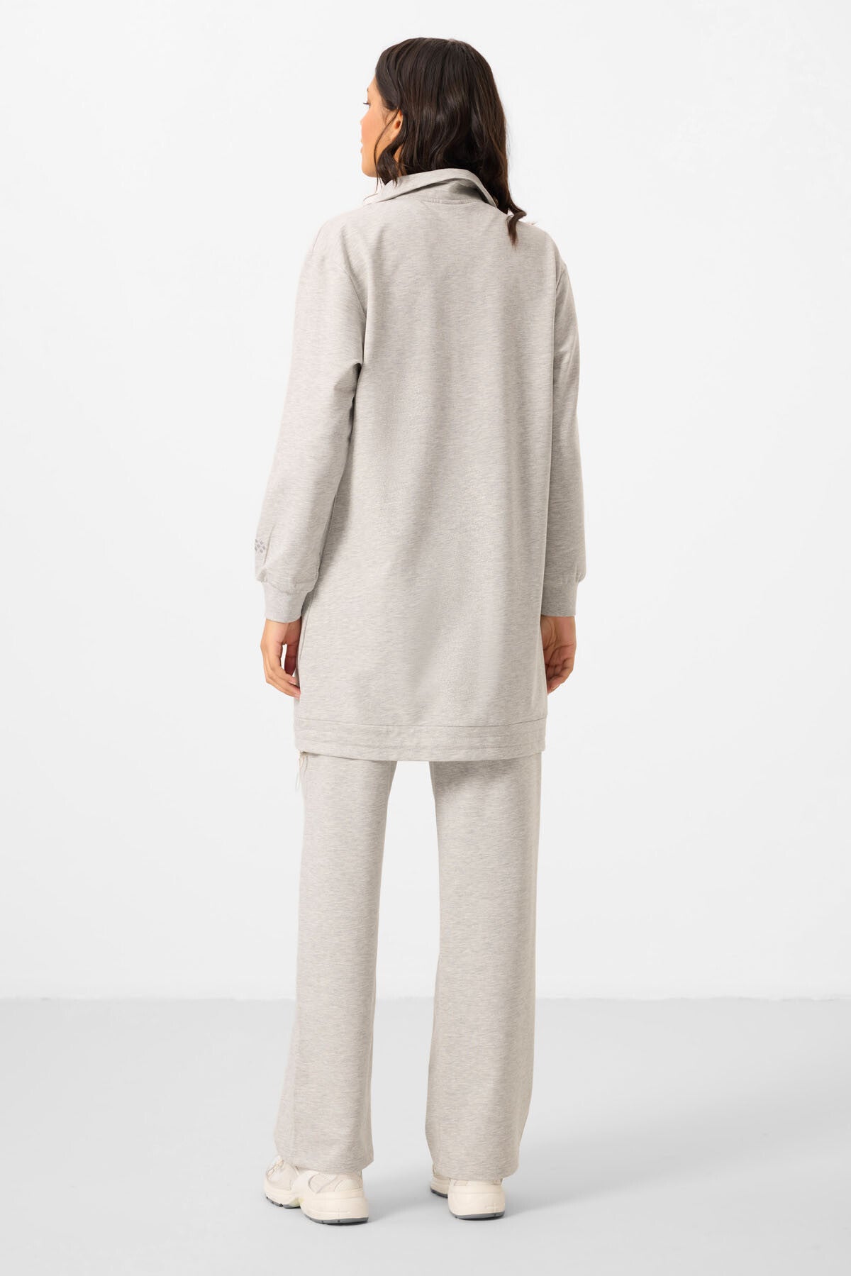 Grey Melange High Neck Zippered Cotton Women's Tracksuit Tunic Set - 95346