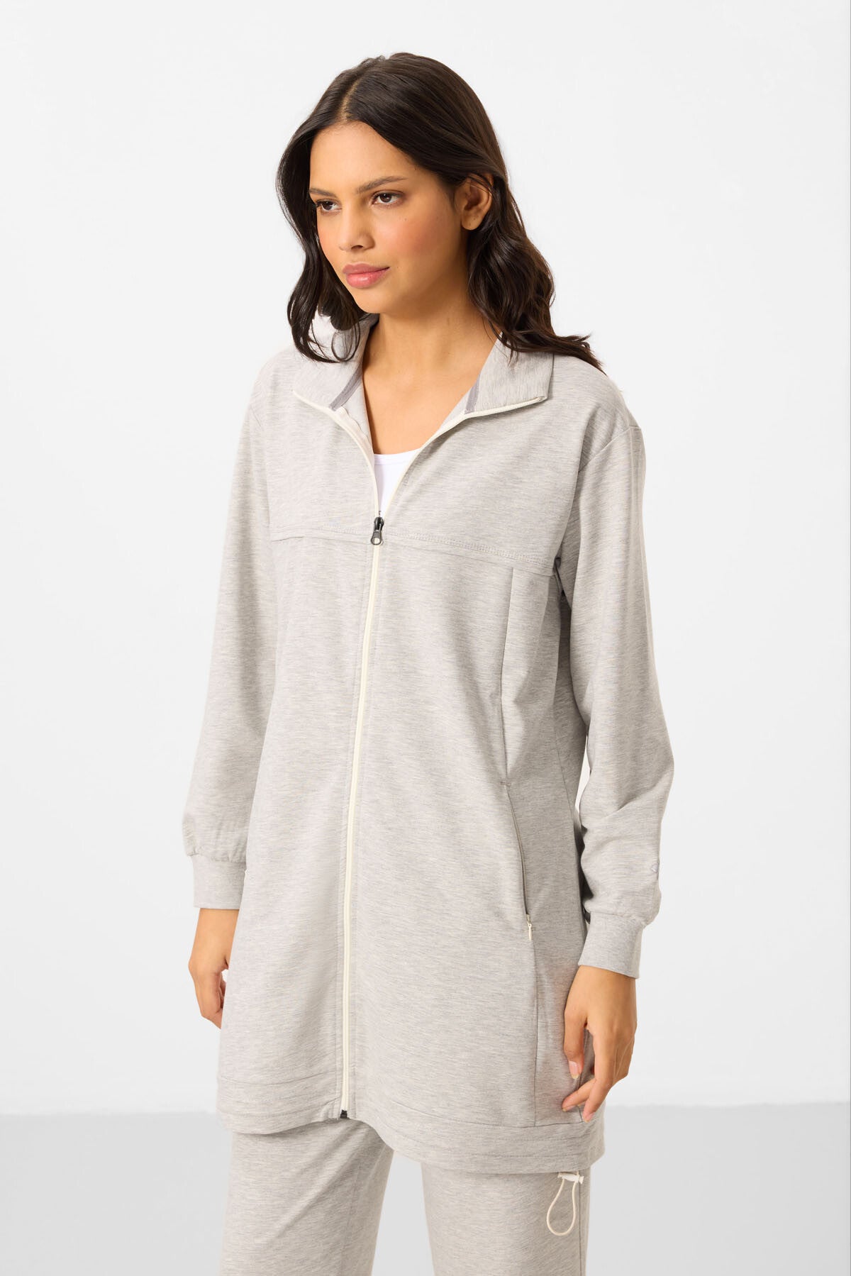 Grey Melange High Neck Zippered Cotton Women's Tracksuit Tunic Set - 95346