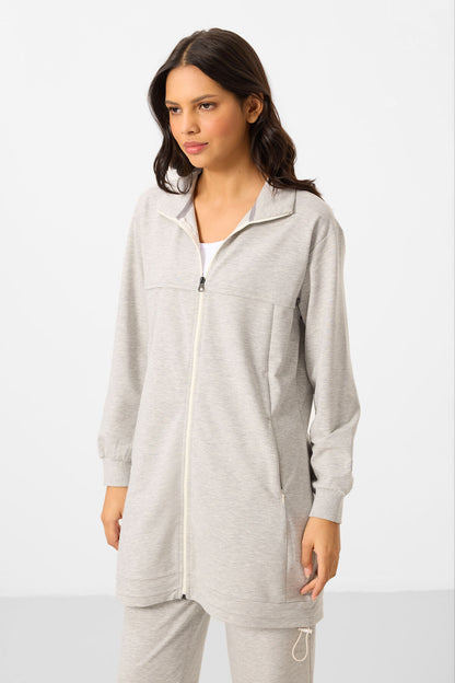 Grey Melange High Neck Zippered Cotton Women's Tracksuit Tunic Set - 95346