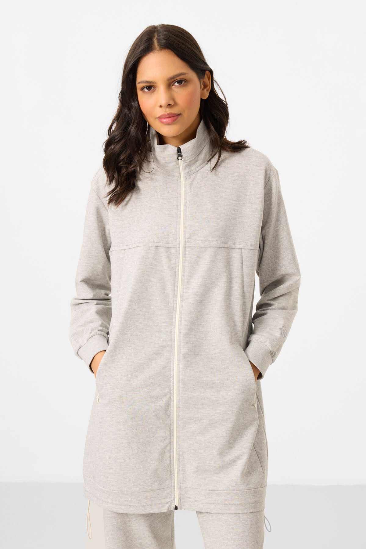 Grey Melange High Neck Zippered Cotton Women's Tracksuit Tunic Set - 95346