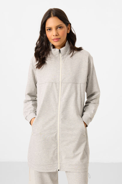 Grey Melange High Neck Zippered Cotton Women's Tracksuit Tunic Set - 95346