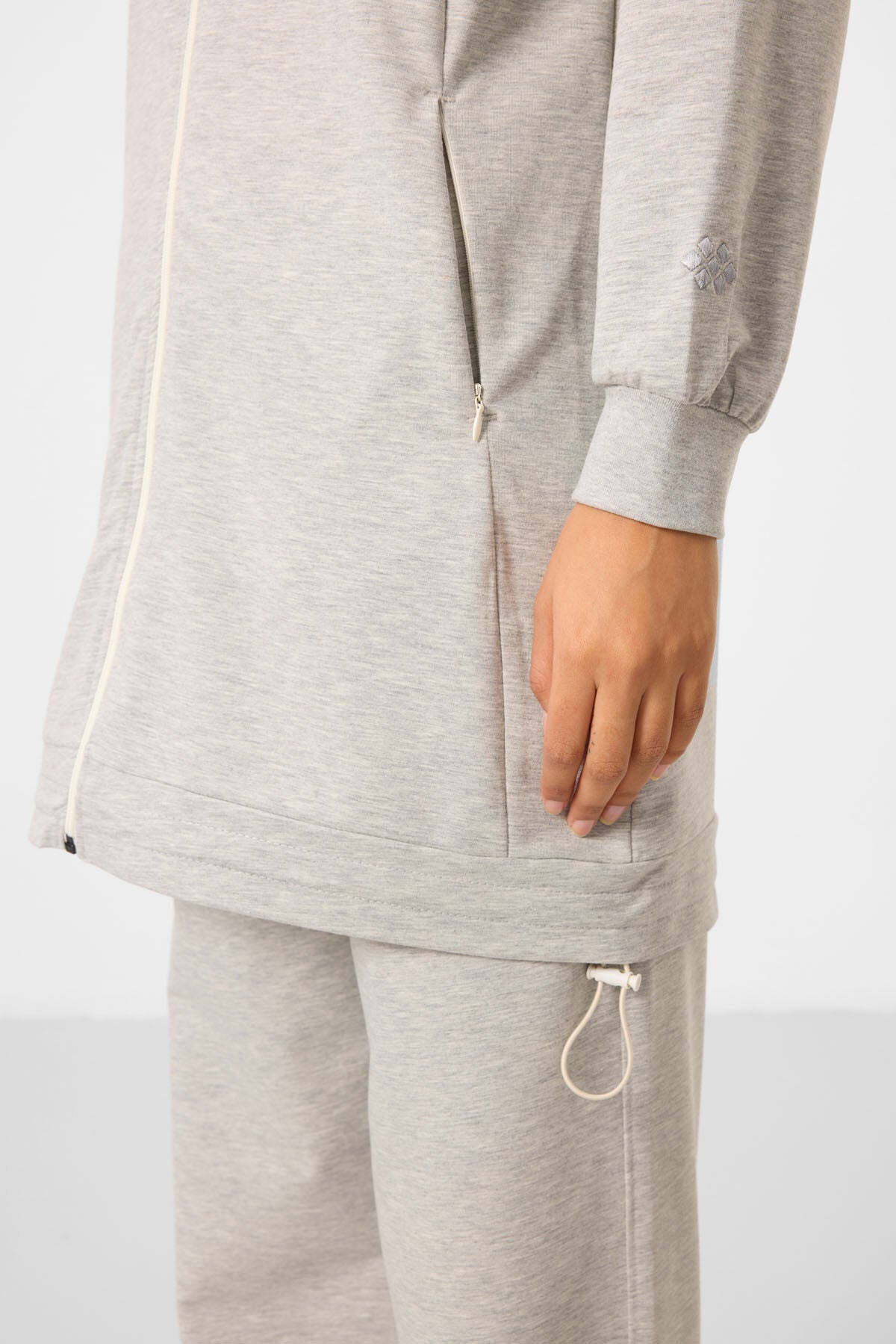 Grey Melange High Neck Zippered Cotton Women's Tracksuit Tunic Set - 95346