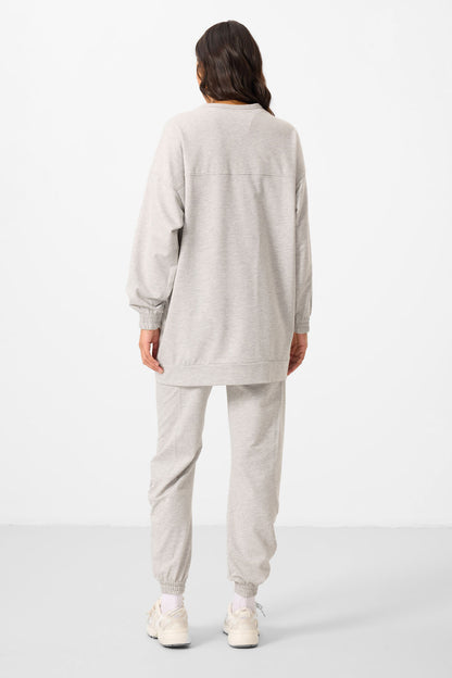 Grey Melange O Collar Basic Oversize Women's Tracksuit Tunic Set - 95347
