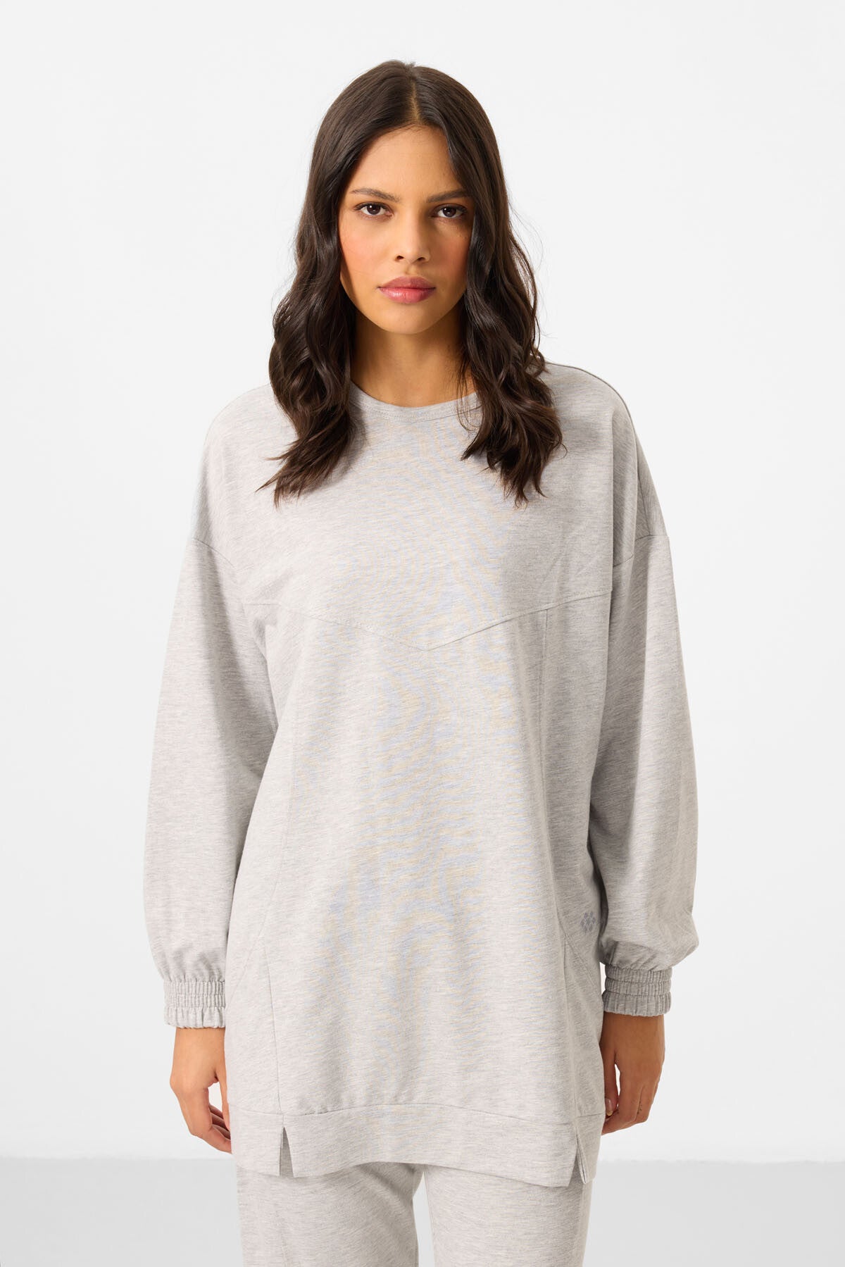Grey Melange O Collar Basic Oversize Women's Tracksuit Tunic Set - 95347
