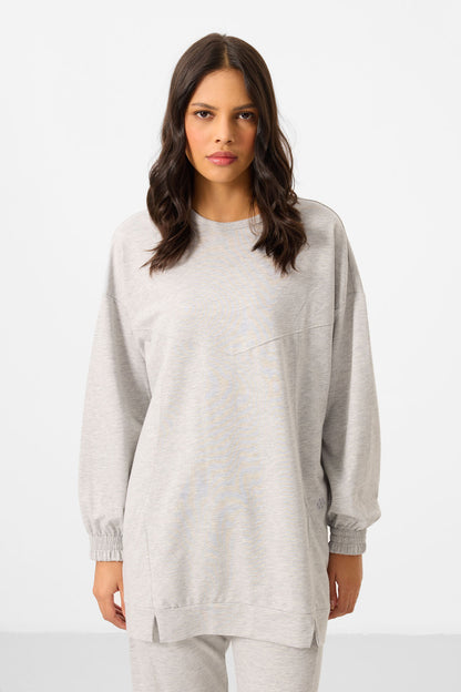 Grey Melange O Collar Basic Oversize Women's Tracksuit Tunic Set - 95347