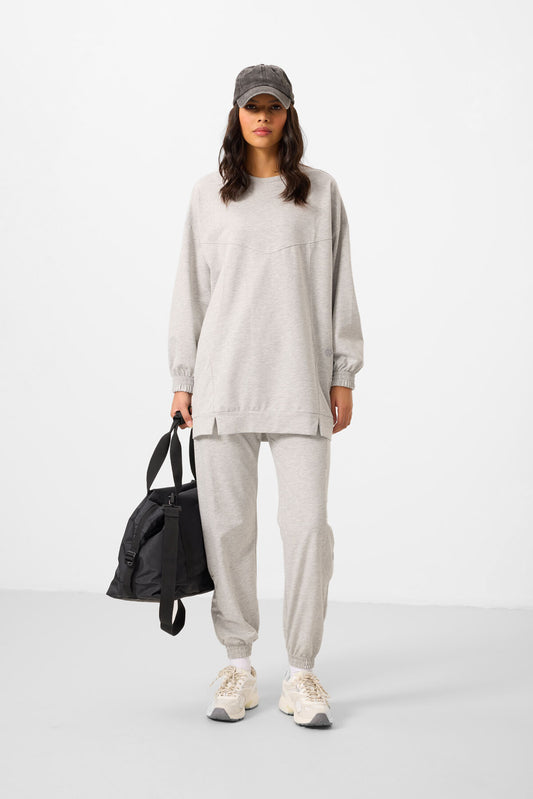 Grey Melange O Collar Basic Oversize Women's Tracksuit Tunic Set - 95347