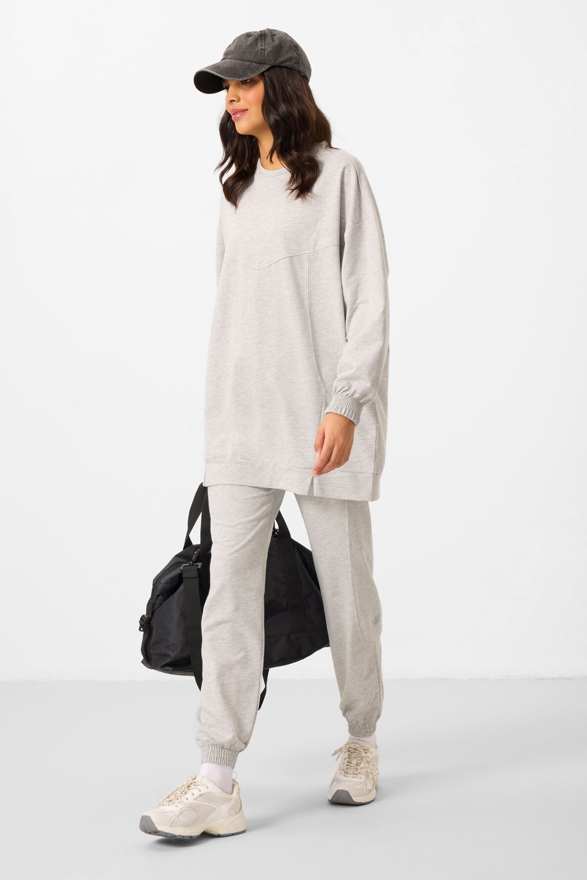 Grey Melange O Collar Basic Oversize Women's Tracksuit Tunic Set - 95347