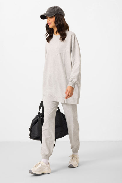 Grey Melange O Collar Basic Oversize Women's Tracksuit Tunic Set - 95347