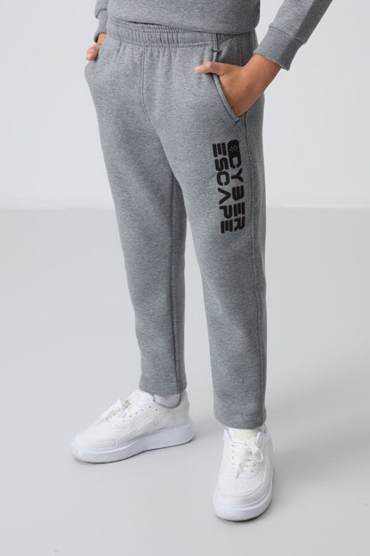 Grey Melange Cotton Thick Fleece-Lined Soft Textured Standard Fit Printed Boys' Tracksuit Set - 11233