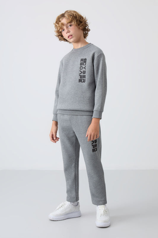 Grey Melange Cotton Thick Fleece-Lined Soft Textured Standard Fit Printed Boys' Tracksuit Set - 11233