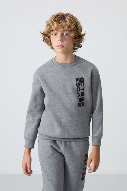 Grey Melange Cotton Thick Fleece-Lined Soft Textured Standard Fit Printed Boys' Tracksuit Set - 11233