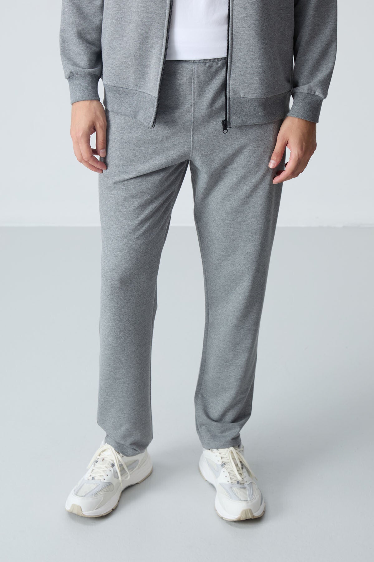 Gray Melange Cotton Thick Soft Textured Comfort Fit Basic Men's Tracksuit Set - 85260