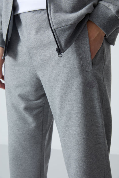 Gray Melange Cotton Thick Soft Textured Comfort Fit Basic Men's Tracksuit Set - 85260