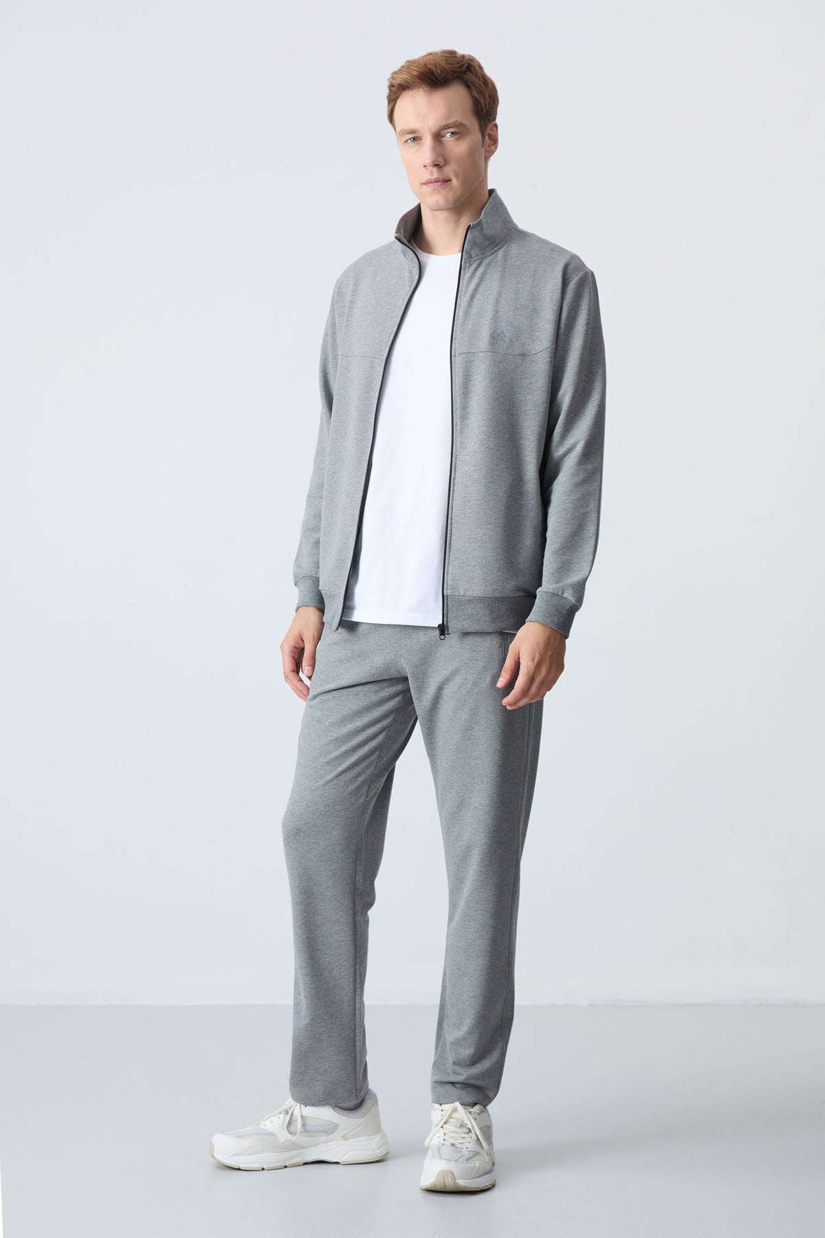 Gray Melange Cotton Thick Soft Textured Comfort Fit Basic Men's Tracksuit Set - 85260