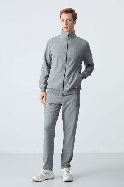 Gray Melange Cotton Thick Soft Textured Comfort Fit Basic Men's Tracksuit Set - 85260