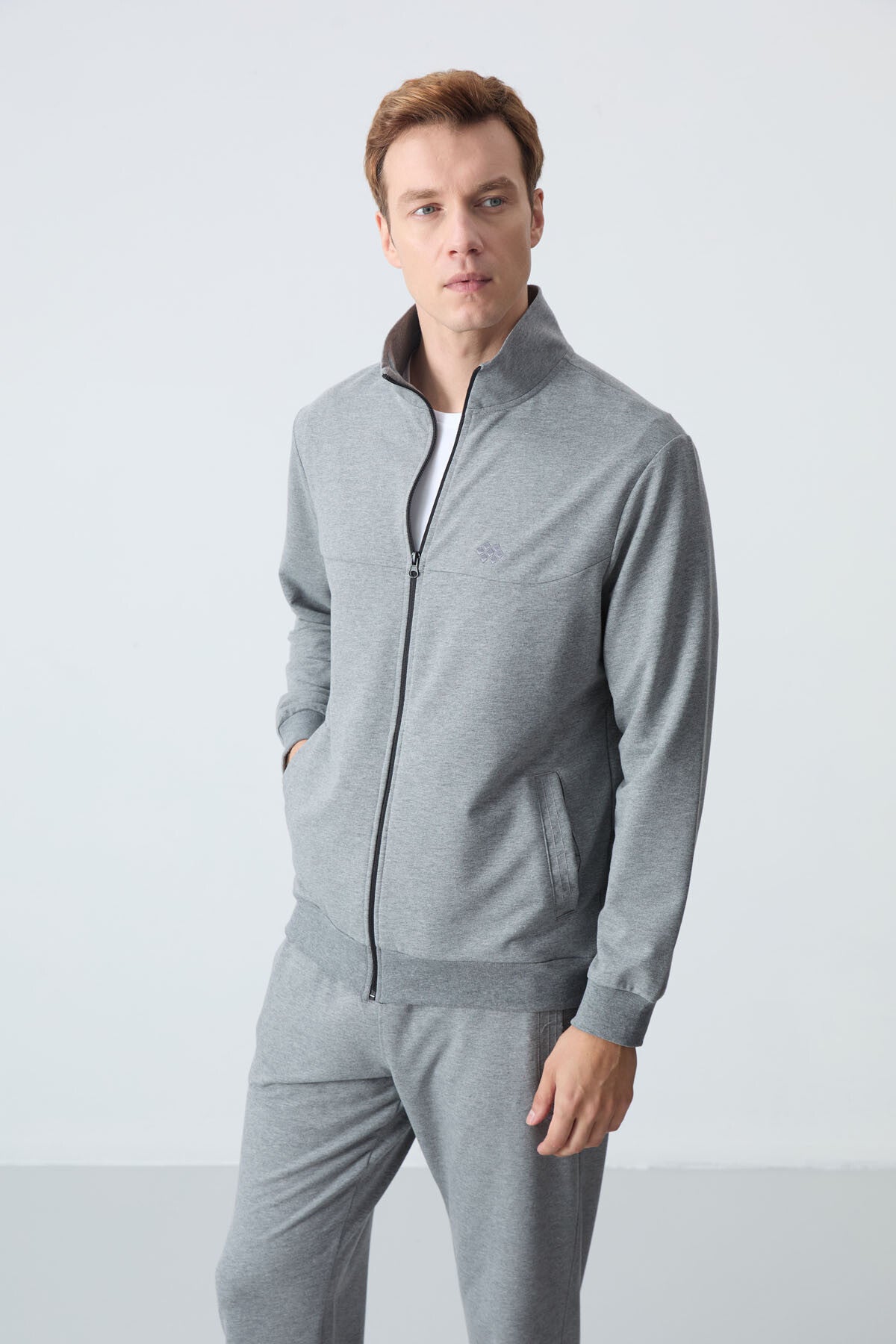 Gray Melange Cotton Thick Soft Textured Comfort Fit Basic Men's Tracksuit Set - 85260
