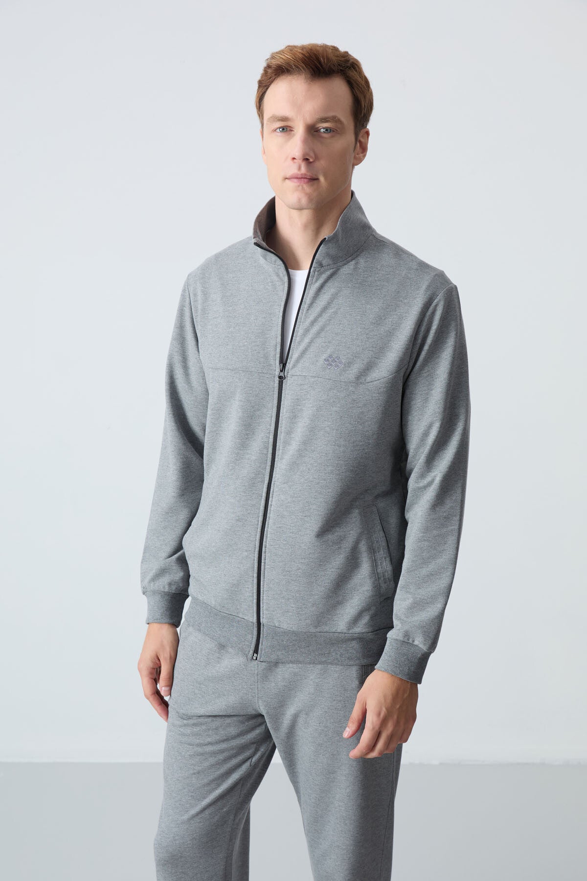 Gray Melange Cotton Thick Soft Textured Comfort Fit Basic Men's Tracksuit Set - 85260
